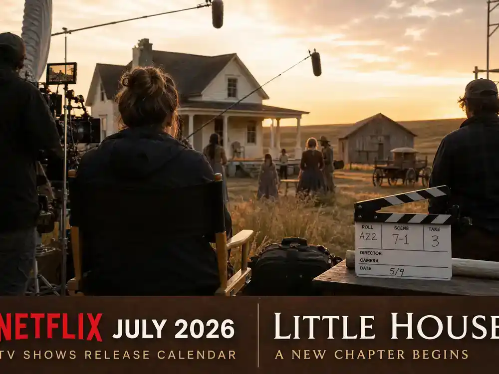 Netflix TV shows July 2026 release calendar Little House on the Prairie — prairie farmhouse TV production set with director chair, clapperboard, and crew silhouettes from behind