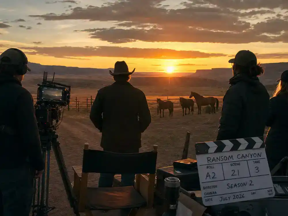 Netflix TV shows July 2026 release calendar Ransom Canyon — western ranch TV production at sunset with horses, director chair, and crew silhouettes from behind