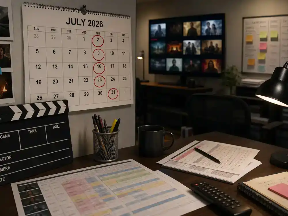 Netflix TV shows July 2026 release calendar planning — production office desk with July dates circled on wall calendar, clapperboard, and episode schedule printouts