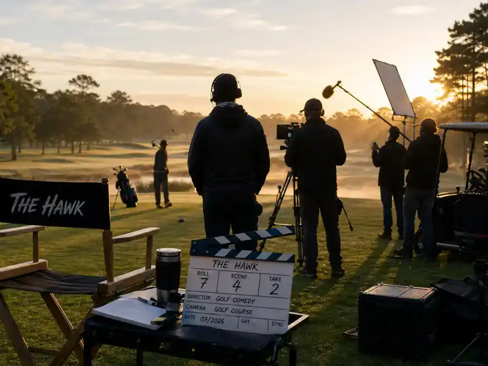 Netflix TV shows July 2026 release calendar The Hawk — golf course TV comedy production with director chair, clapperboard, and crew silhouettes from behind on fairway