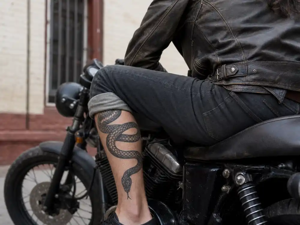 Norman Reedus tattoos and their meanings — coiled snake tattoo wrapping left calf documented on motorcycle seat