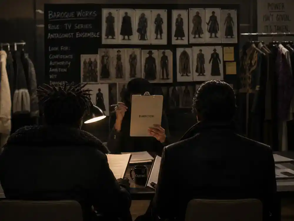 One Piece live action season 2 cast guide Baroque Works — villain ensemble silhouettes at casting table read with director clipboard on TV production office set