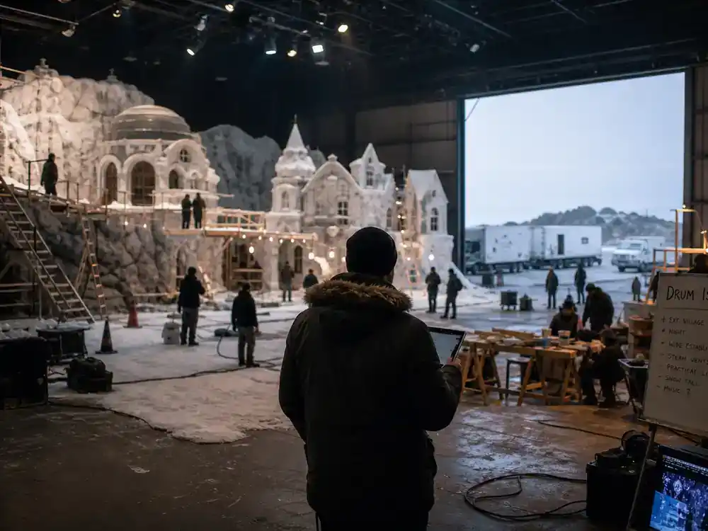 One Piece live action season 2 cast guide Drum Island — snow-covered fantasy island TV set construction with crew silhouettes building winter village facades