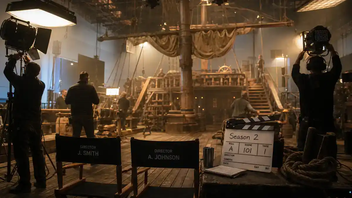 One Piece live action season 2 cast guide — pirate adventure TV soundstage with director chairs, ship deck set, clapperboard marked Season 2, and crew silhouettes
