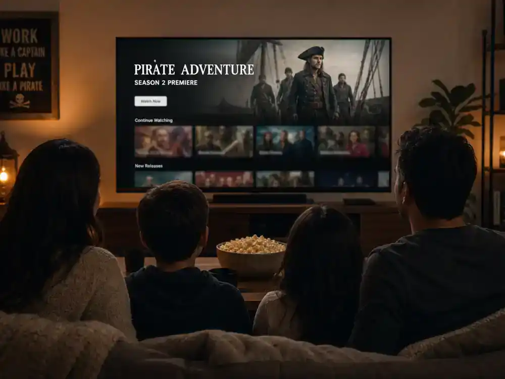 One Piece live action season 2 cast guide Netflix — family silhouettes watching pirate adventure TV on living room screen with generic blurred streaming interface