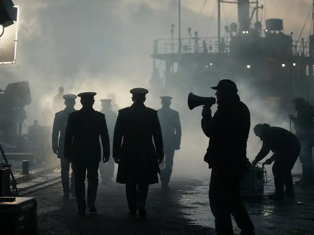 One Piece live action season 2 cast guide Smoker — marine officer costume silhouettes from behind on smoky dock TV set with film crew adjusting fog machines