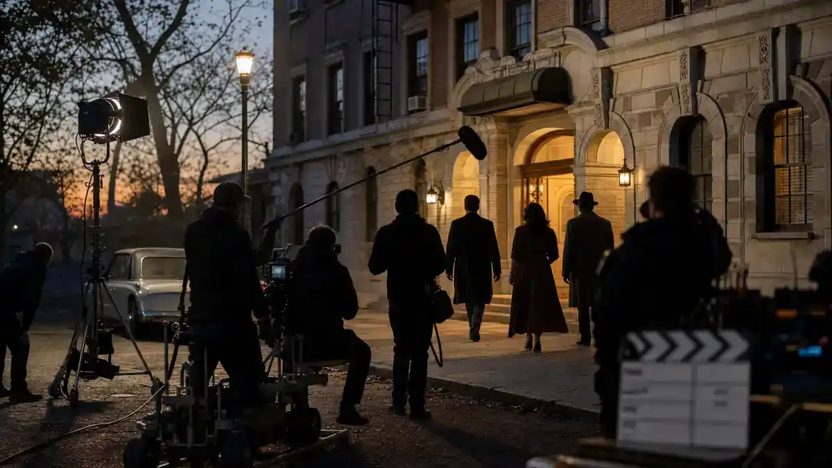 Only Murders in the Building season 5 cast guide — NYC apartment building mystery TV production exterior at dusk with clapperboard crew silhouettes