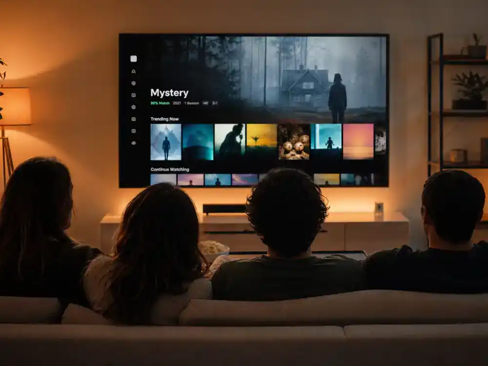 Only Murders in the Building season 5 cast guide streaming — family silhouettes watching mystery TV on living room flat screen with generic blurred interface