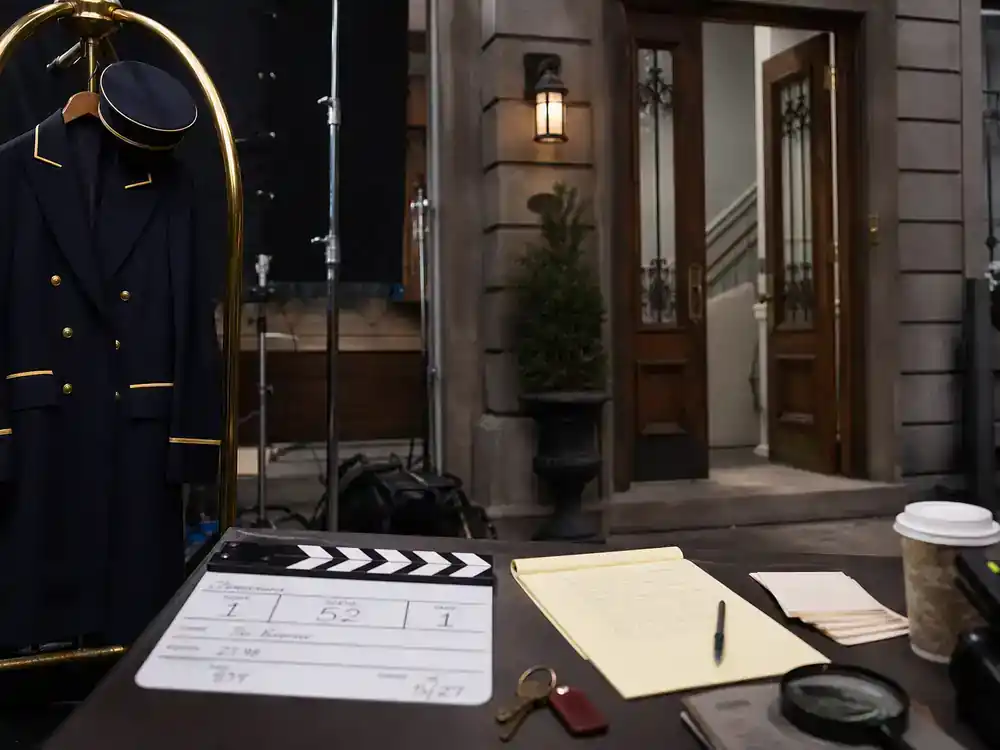 Only Murders in the Building season 5 cast guide doorman mystery — lobby desk TV production set with doorman silhouette from behind and security monitor glow