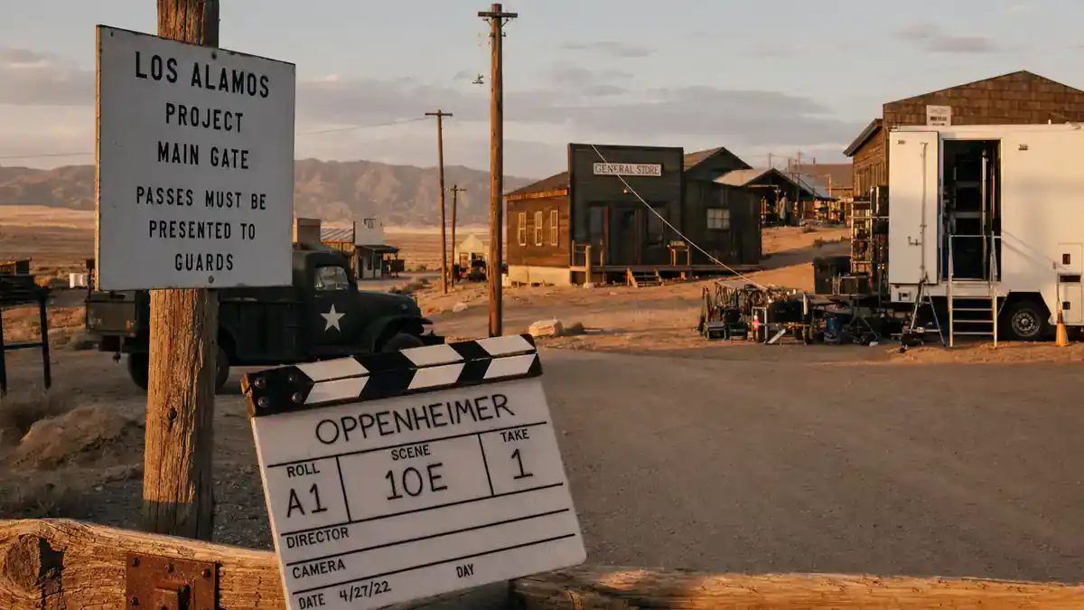 Oppenheimer movie filming locations guide — recreated 1940s desert research town film set at golden hour with production trucks, clapperboard, and director chairs on New Mexico mesa