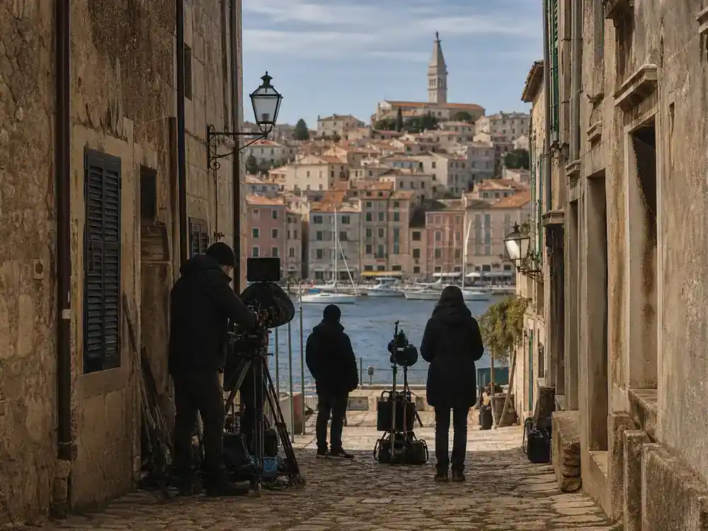 Outer Banks season 5 cast and filming guide Croatia — European old town cobblestone location scout with camera crew among historic stone buildings