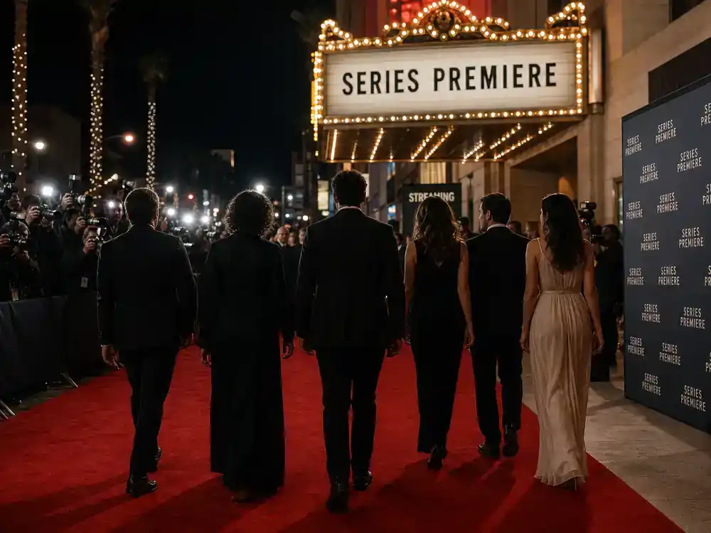 Outer Banks season 5 cast and filming guide ensemble — TV drama cast silhouettes from behind walking red carpet at outdoor premiere night with photographers