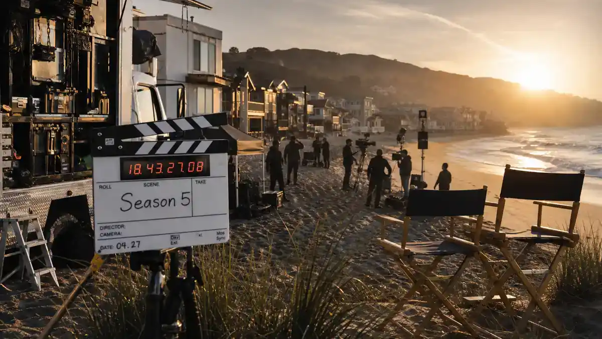 Outer Banks season 5 cast and filming guide — coastal beach town film set at golden hour with production trucks, clapperboard, and director chairs on sand dunes