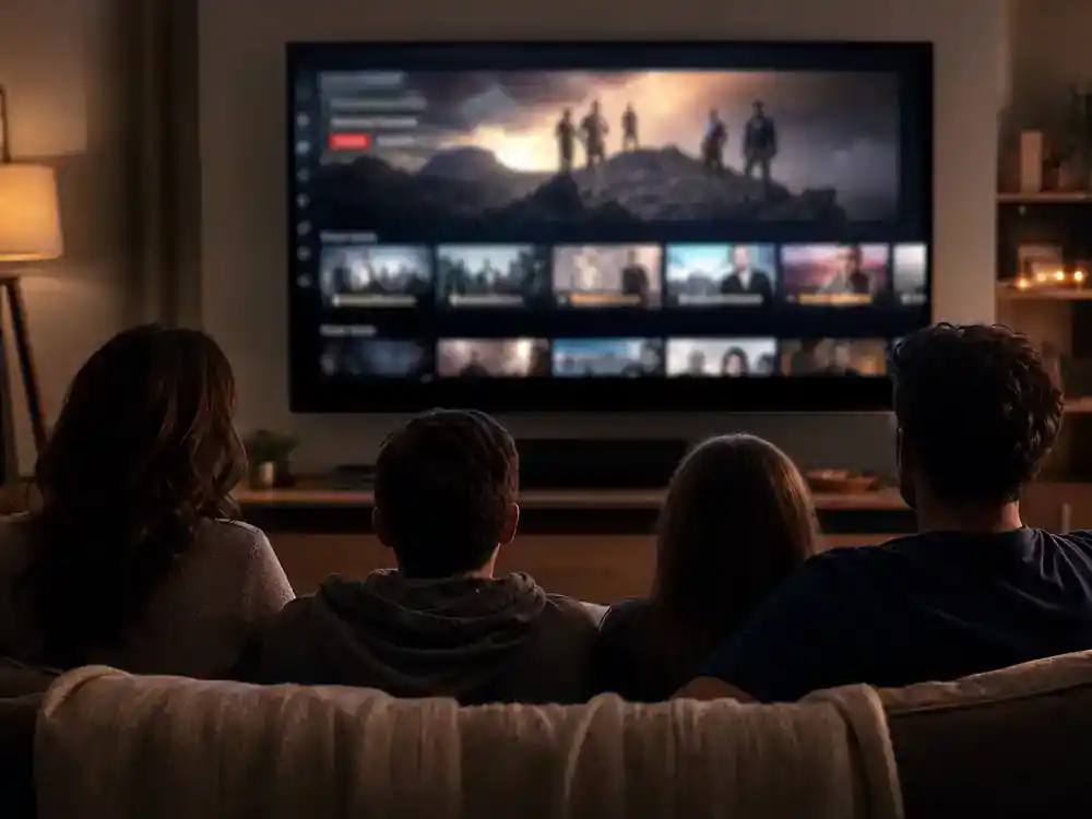 Outer Banks season 5 cast and filming guide Netflix release — family silhouettes watching teen adventure TV on living room screen with generic blurred streaming interface