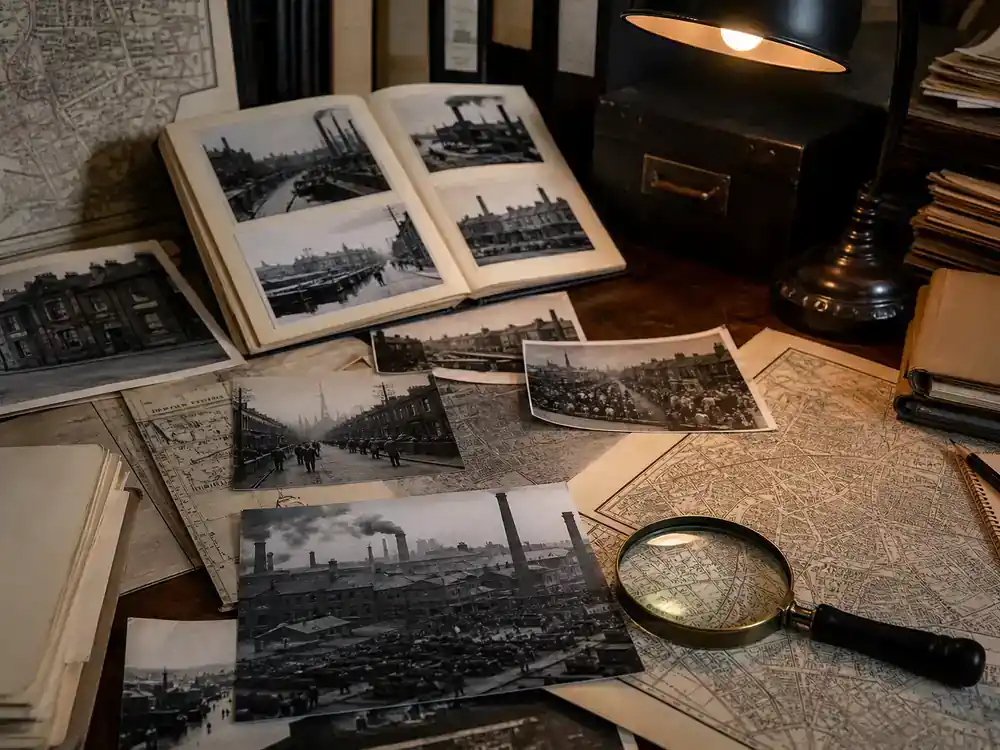 Peaky Blinders cast and real history guide Birmingham gangs — archivist desk with historical street photos and maps of real Peaky Blinders research