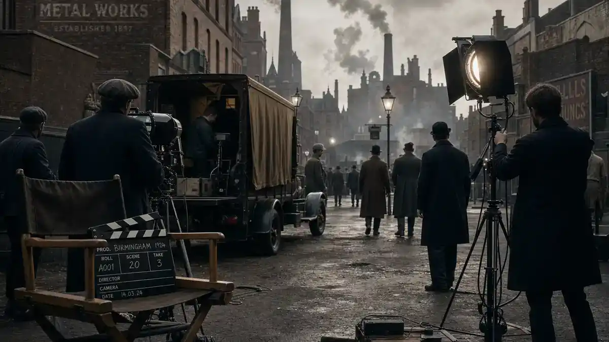 Peaky Blinders cast and real history guide — 1920s period drama film set on industrial Birmingham street with clapperboard, director chairs, and crew silhouettes