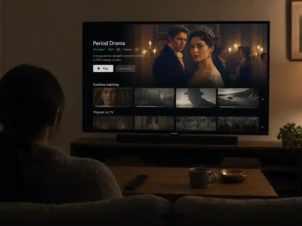Peaky Blinders cast and real history guide Netflix movie — viewer silhouette from behind watching period drama on living room TV with streaming interface