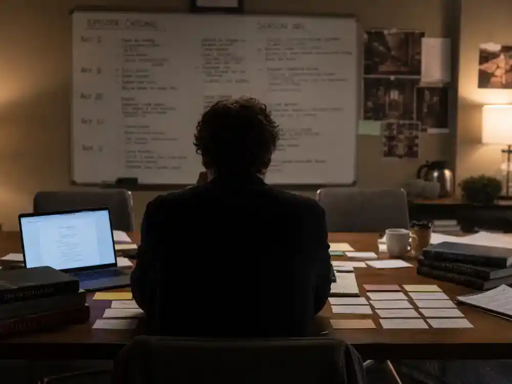 Peaky Blinders cast and real history guide Steven Knight — showrunner silhouette from behind at writers room table with period drama reference materials