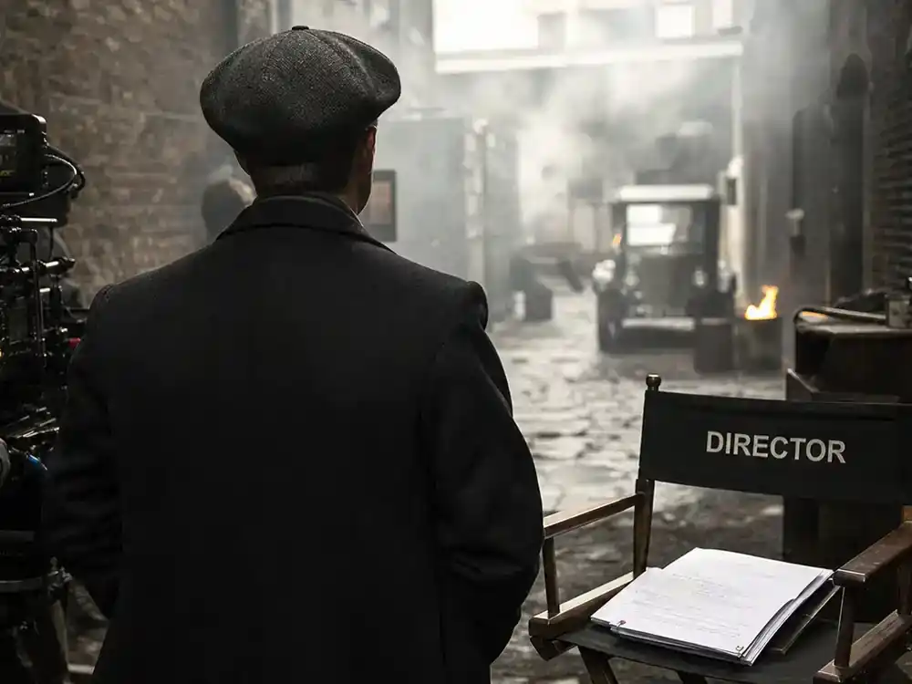 Peaky Blinders cast and real history guide Tommy Shelby — lead actor silhouette from behind in flat cap on period drama soundstage reviewing script