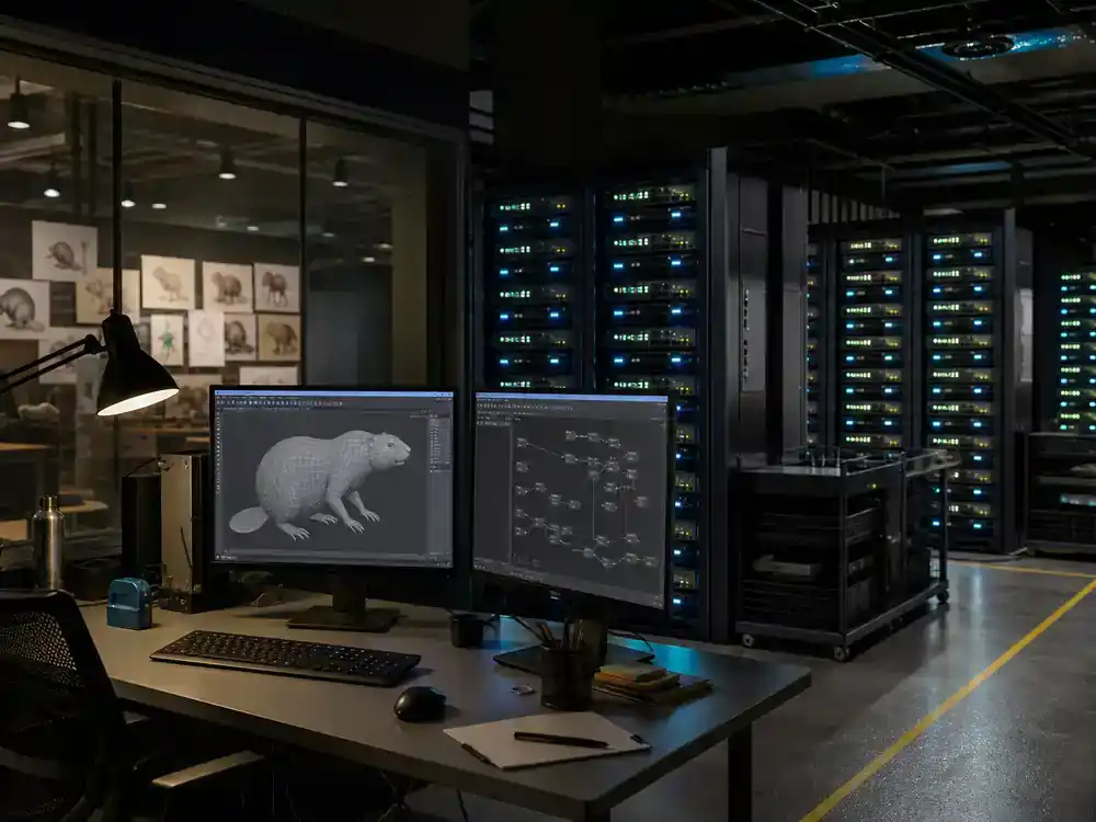 Pixar movies 2026 release dates and voice cast animation studio — render farm workstation with generic 3D wireframe animal model on screen