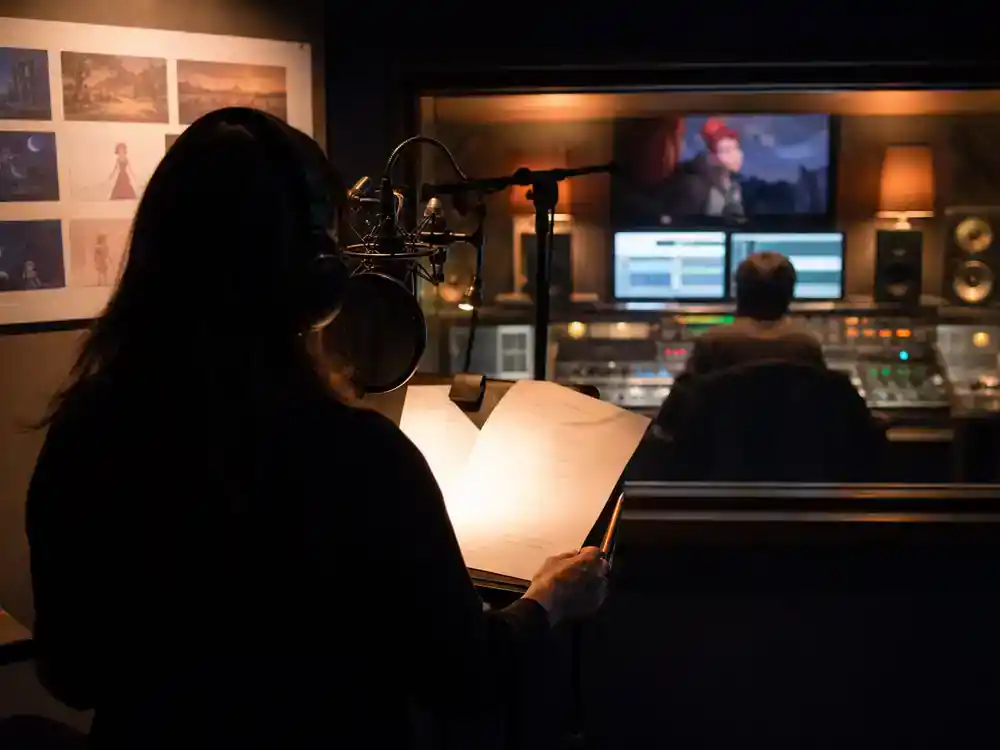 Pixar movies 2026 release dates and voice cast Hoppers — voice actor silhouette at microphone in recording booth with script pages, faces turned away