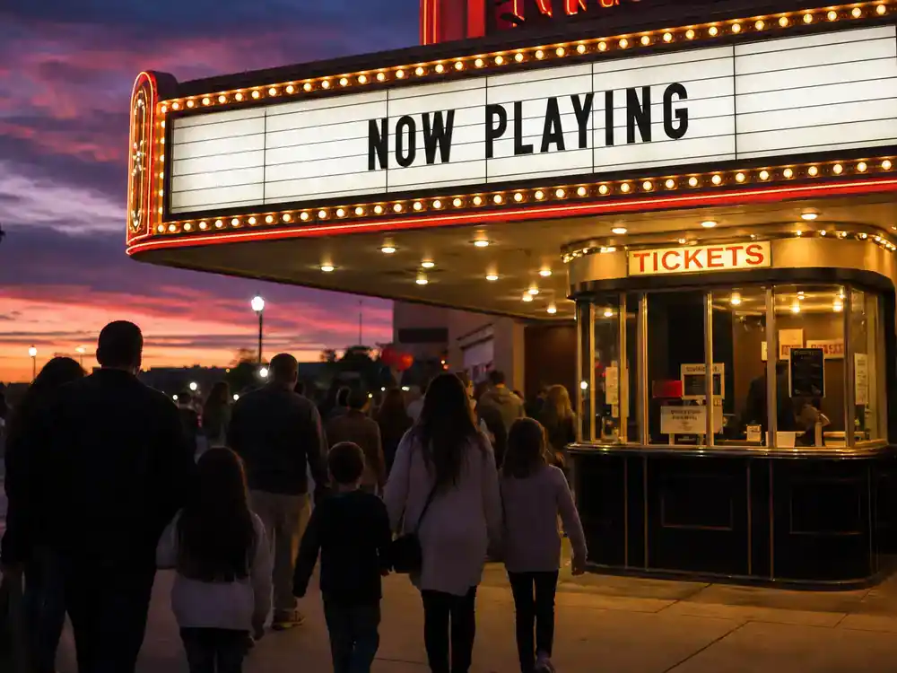 Pixar movies 2026 release dates and voice cast theatrical release — movie theater marquee at dusk with families walking toward entrance silhouettes from behind