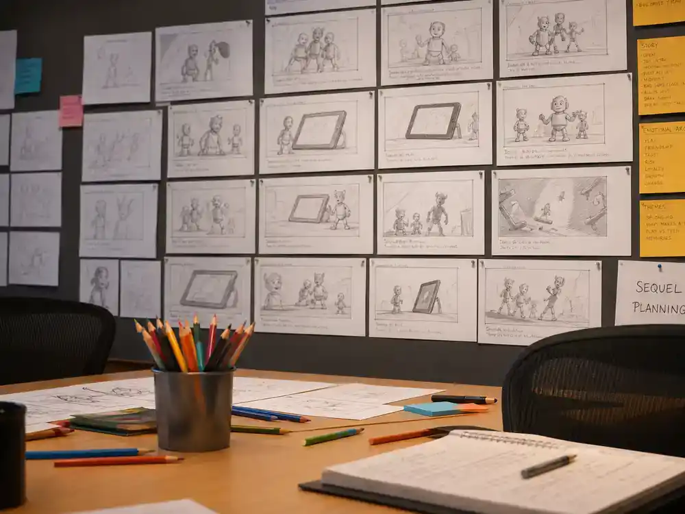 Pixar movies 2026 release dates and voice cast Toy Story 5 — animation storyboard wall with generic toy and tablet sketch panels in production meeting room