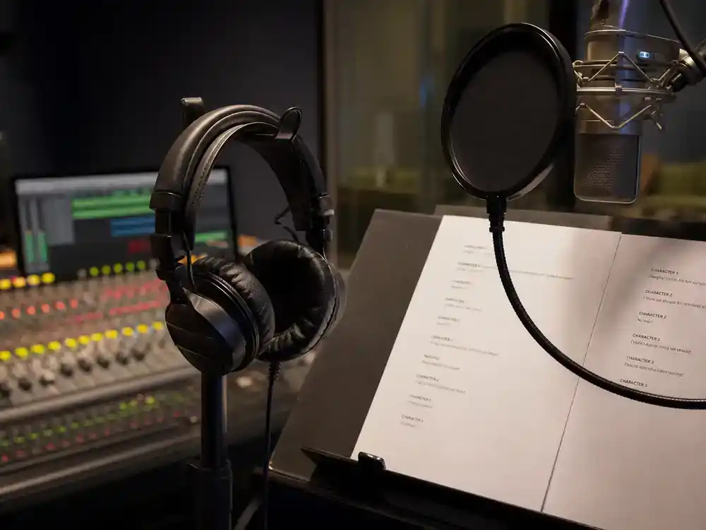 Pixar movies 2026 release dates and voice cast voice recording — professional studio with headphones, microphone, script pages, and mixing board