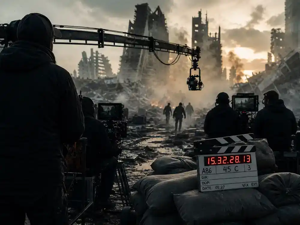Prime Video new movies July 2026 Afterburn — post-apocalyptic action film set with camera crane and crew silhouettes from behind