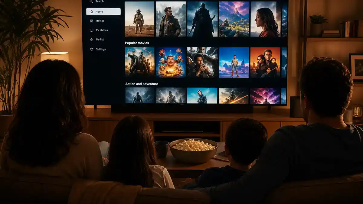 Prime Video new movies July 2026 — family silhouettes watching streaming movie grid on living room TV from behind, editorial release guide reference