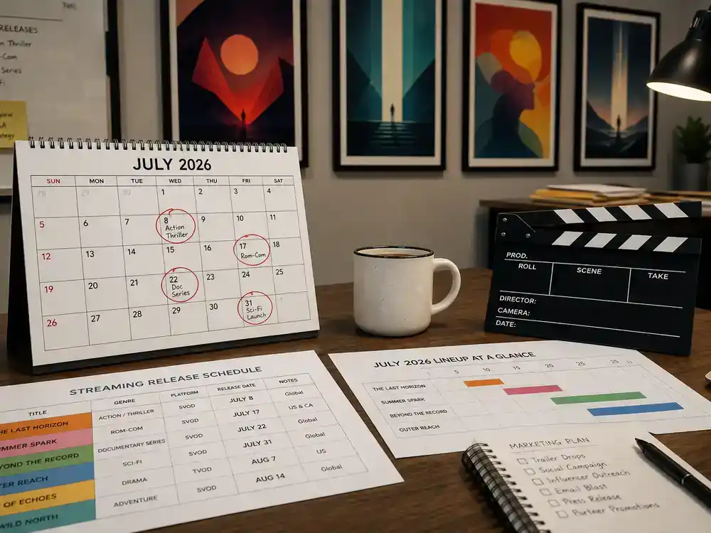 Prime Video new movies July 2026 release calendar — distribution desk with July 2026 schedule printouts and clapperboard