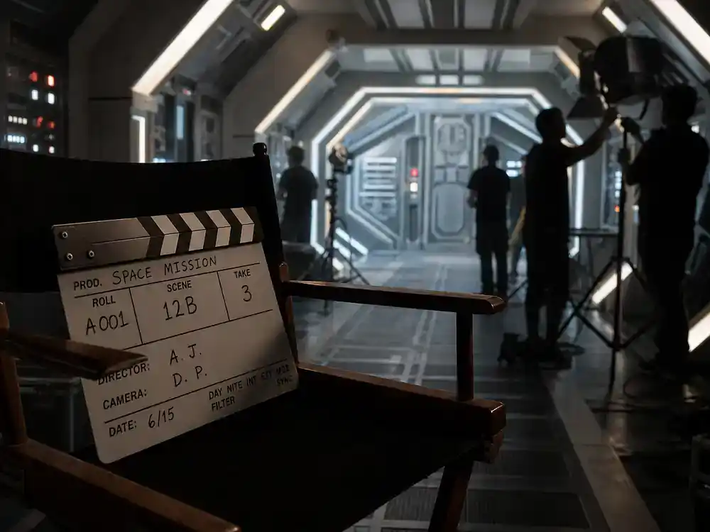 Prime Video new movies July 2026 Project Hail Mary — spacecraft film set with clapperboard and crew silhouettes, no identifiable faces