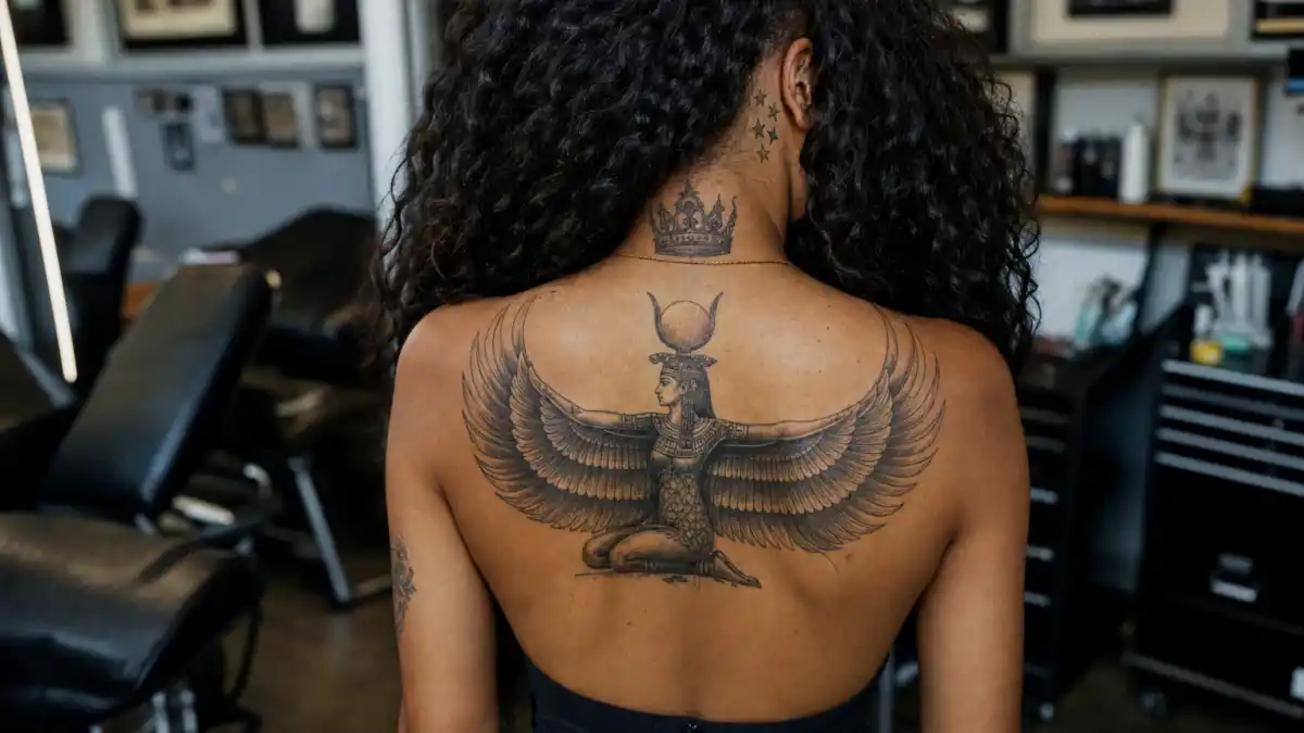 Rihanna tattoos and their meanings — Barbadian pop icon seen from behind in tattoo studio with Egyptian goddess Isis back tattoo, neck stars, and crown ink visible
