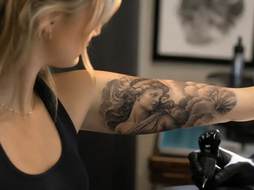 Rita Ora tattoos and their meanings Aphrodite bicep — Greek goddess of love portrait tattoo on inside left upper arm from Tat Nation interview