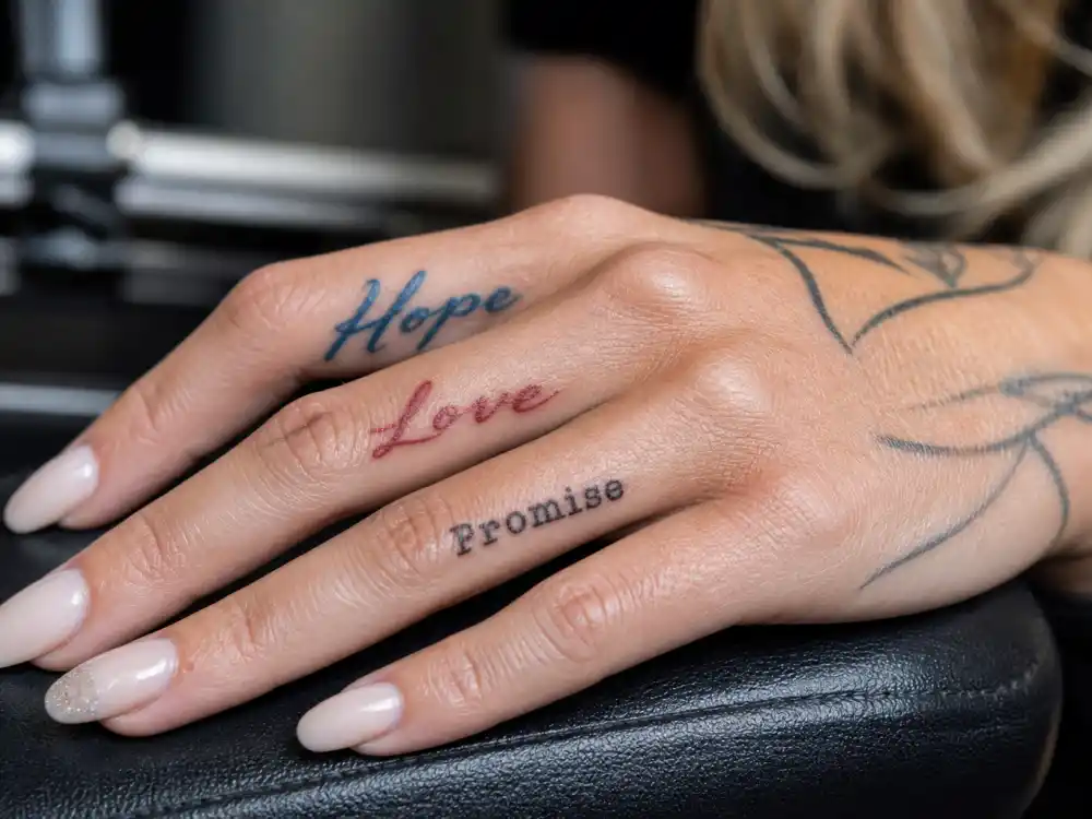 Rita Ora tattoos and their meanings finger script — Hope Love and Promise tattoos in blue red and black ink on right hand fingers