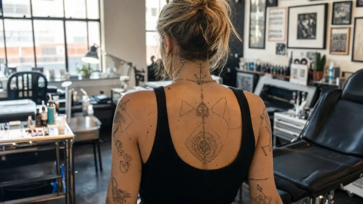 Rita Ora tattoos and their meanings — blonde British pop singer from behind in tattoo studio showing fine-line arm and back ink collection