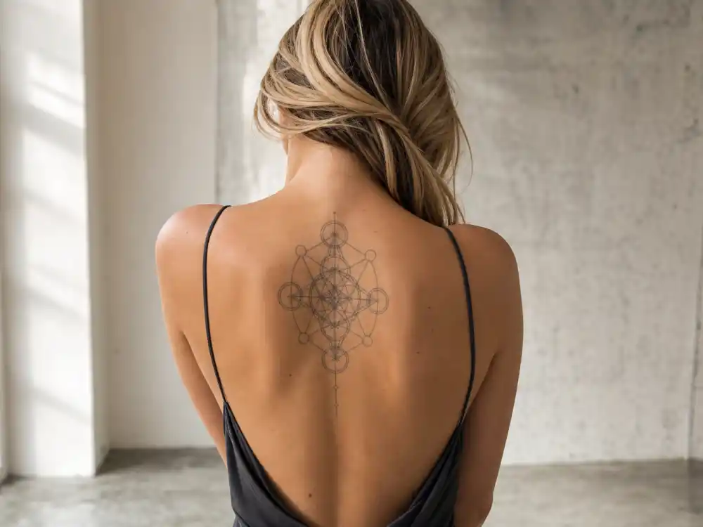 Rita Ora tattoos and their meanings Tree of Life back — geometric sacred geometry tattoo on upper back inked by Mark Mahoney per iHeartRadio