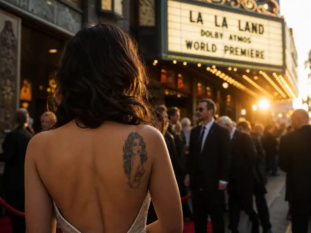 Rose McGowan tattoos and their meanings Old Hollywood — vintage glamour pin-up symbolism at classic movie premiere