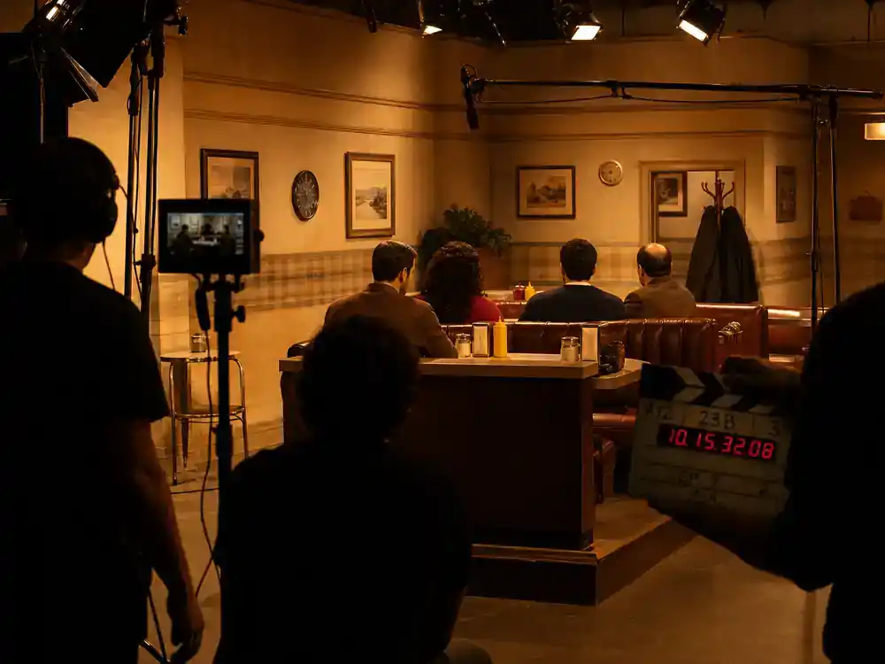 Seinfeld cast net worth 2026 ranked cast production — diner booth set corner with film crew and actor silhouettes rehearsing from behind, warm amber lighting