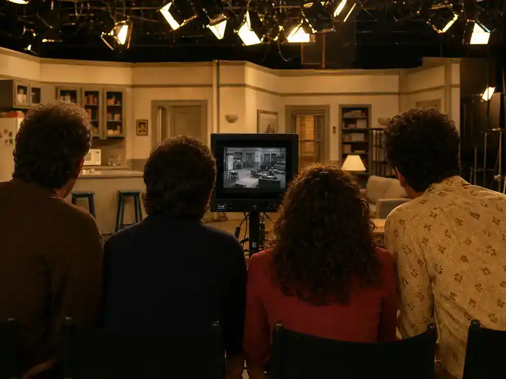 Seinfeld cast net worth 2026 ranked ensemble — four sitcom cast silhouettes from behind on soundstage with director monitor and warm studio lights