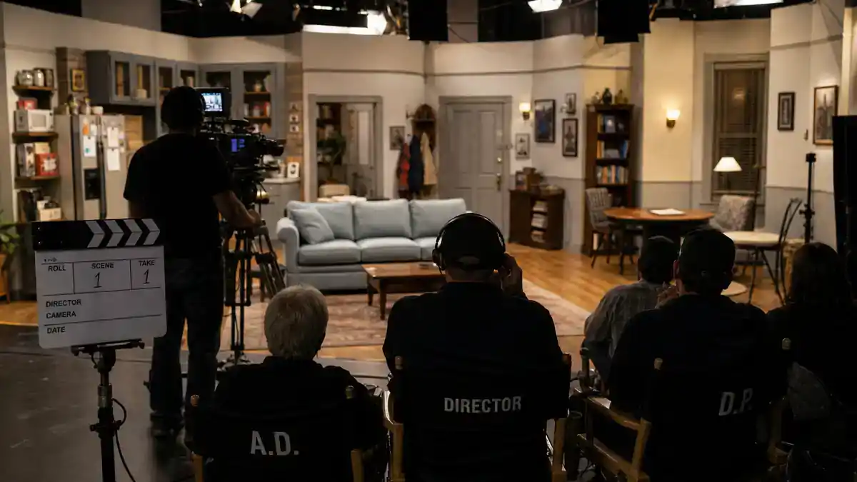 Seinfeld cast net worth 2026 ranked — classic NYC sitcom apartment set on soundstage with director chairs, clapperboard, and crew silhouettes from behind, editorial TV production reference