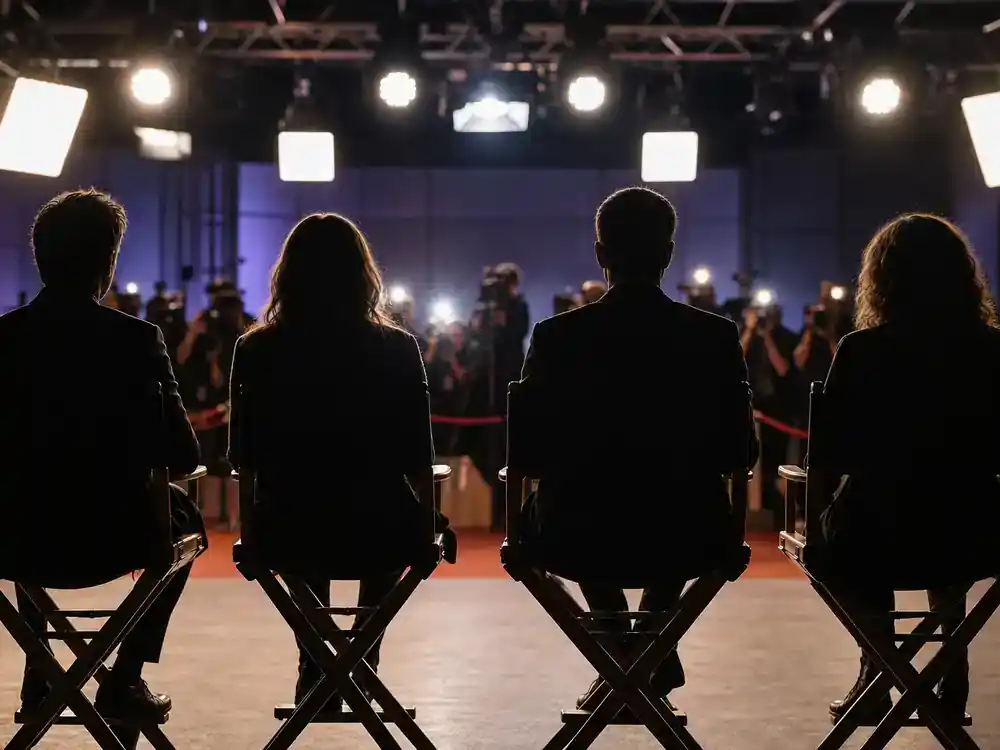 Seinfeld cast net worth 2026 ranked premiere — four actor silhouettes on director chairs facing studio lights during TV event filming from behind