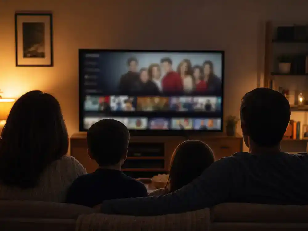 Seinfeld cast net worth 2026 ranked streaming — family silhouettes watching sitcom reruns on living room TV from behind with generic blurred streaming interface