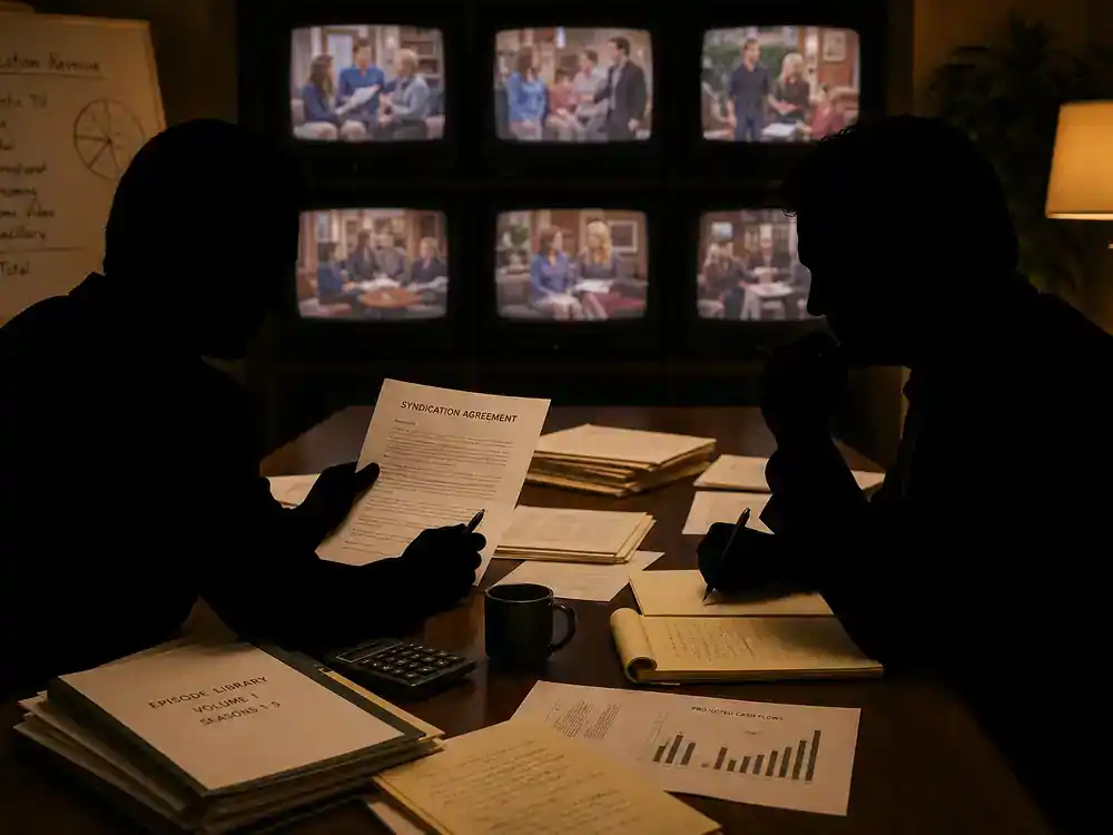Seinfeld cast net worth 2026 ranked syndication — producer silhouettes reviewing TV contract documents with vintage broadcast monitors showing generic blurred sitcom frames