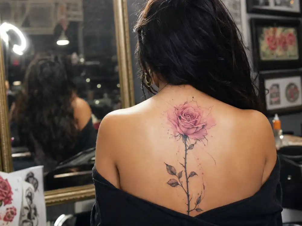 Selena Gomez tattoos and their meanings — pink watercolor rose tattoo on upper back photographed from behind