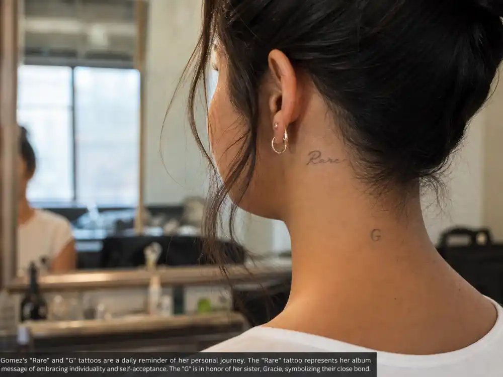 Selena Gomez tattoos and their meanings — close-up of Rare script behind ear and G initial neck tattoo in dressing room mirror