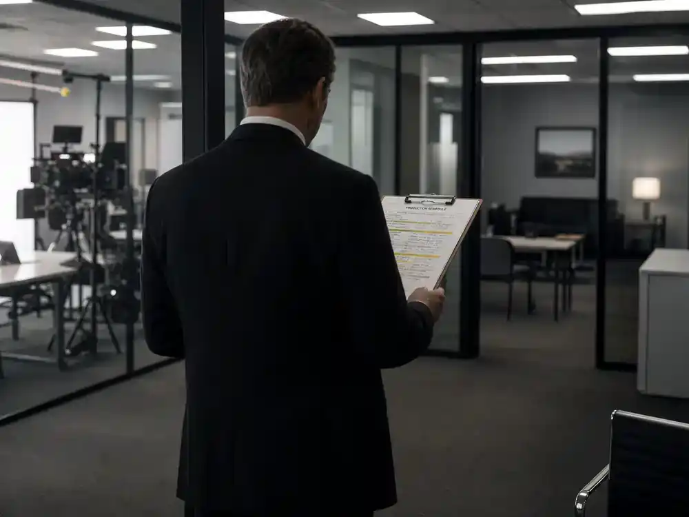 Severance season 2 cast and plot guide Patricia Arquette Harmony Cobel — manager silhouette from behind in glass-walled corporate office film set