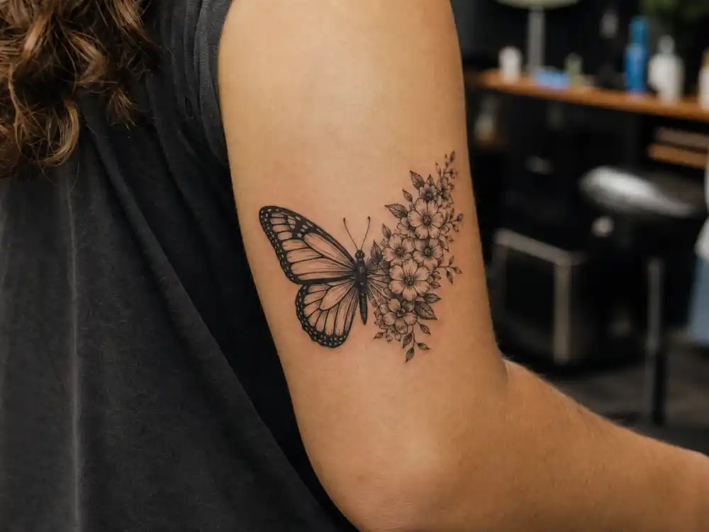 Shawn Mendes tattoos and their meanings — butterfly with floral blooming wing tattoo on left bicep from fan art design