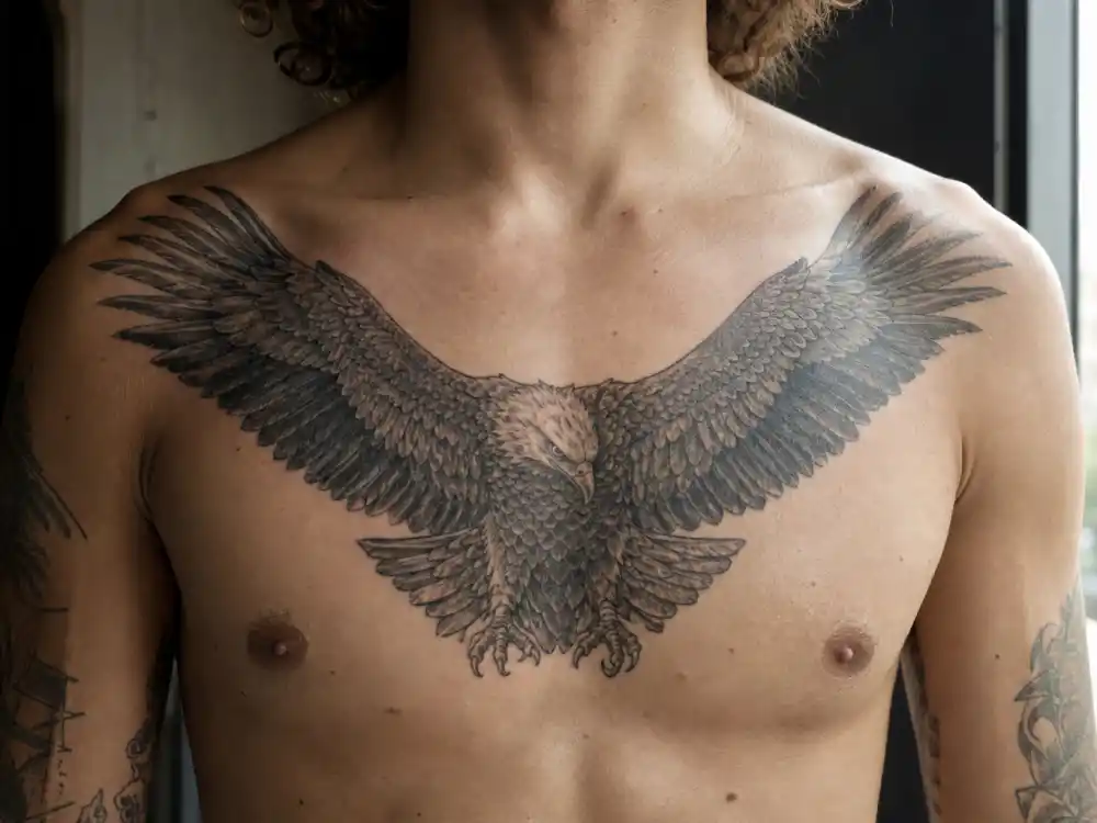 Shawn Mendes tattoos and their meanings — soaring eagle chest tattoo with spread wings fine-line black and grey ink 2025