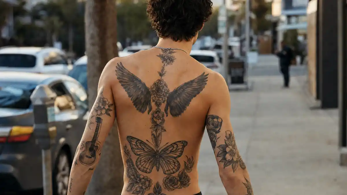Shawn Mendes tattoos and their meanings — pop singer from behind shirtless showing butterfly bicep guitar arm and back ink on Los Angeles sidewalk